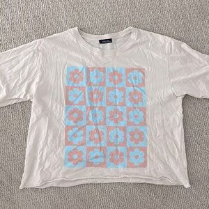 White T-Shirt with Blue and Pink Floral Colorblock Design